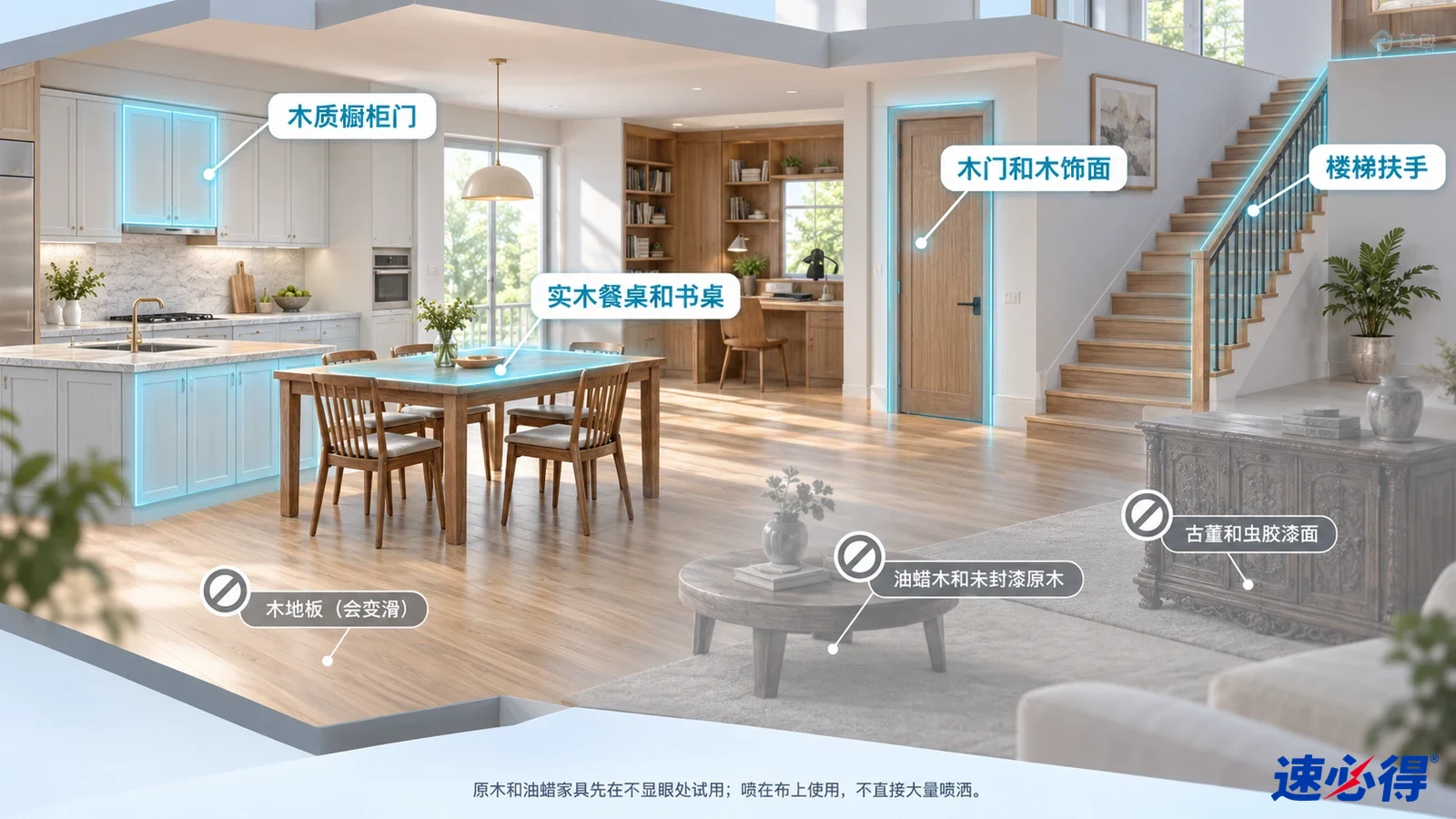示意图:木橱柜门、家具、室内门及楼梯扶手被突出显示,旁列木材注意事项。