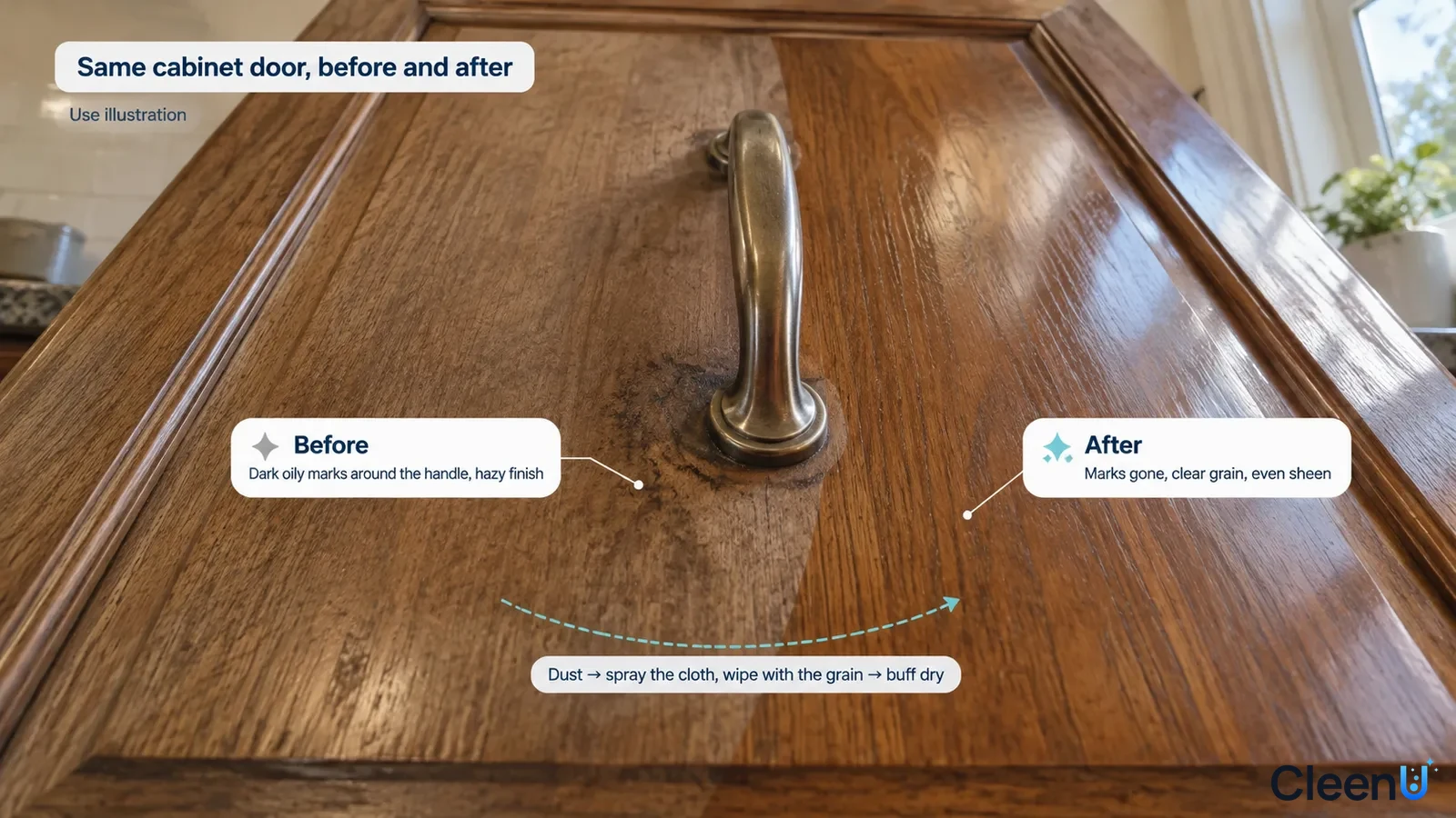 Illustration: Dark handprints beside a brighter area around a wooden cabinet handle; not a measured cleaning test.