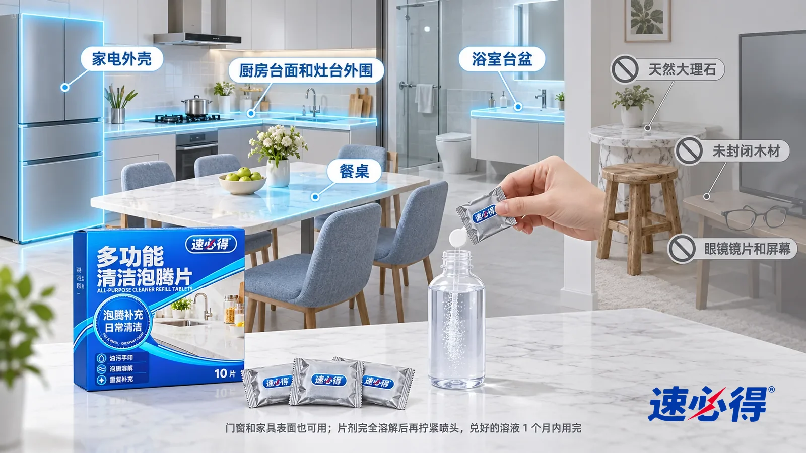 示意图：速必得多功能清洁泡腾片——一张写实 3D 剖面实景图，一套明亮的家的厨房、餐厅和浴室区域，连续空间、一个视角：厨房台面和灶台外围、餐桌、浴室台盆