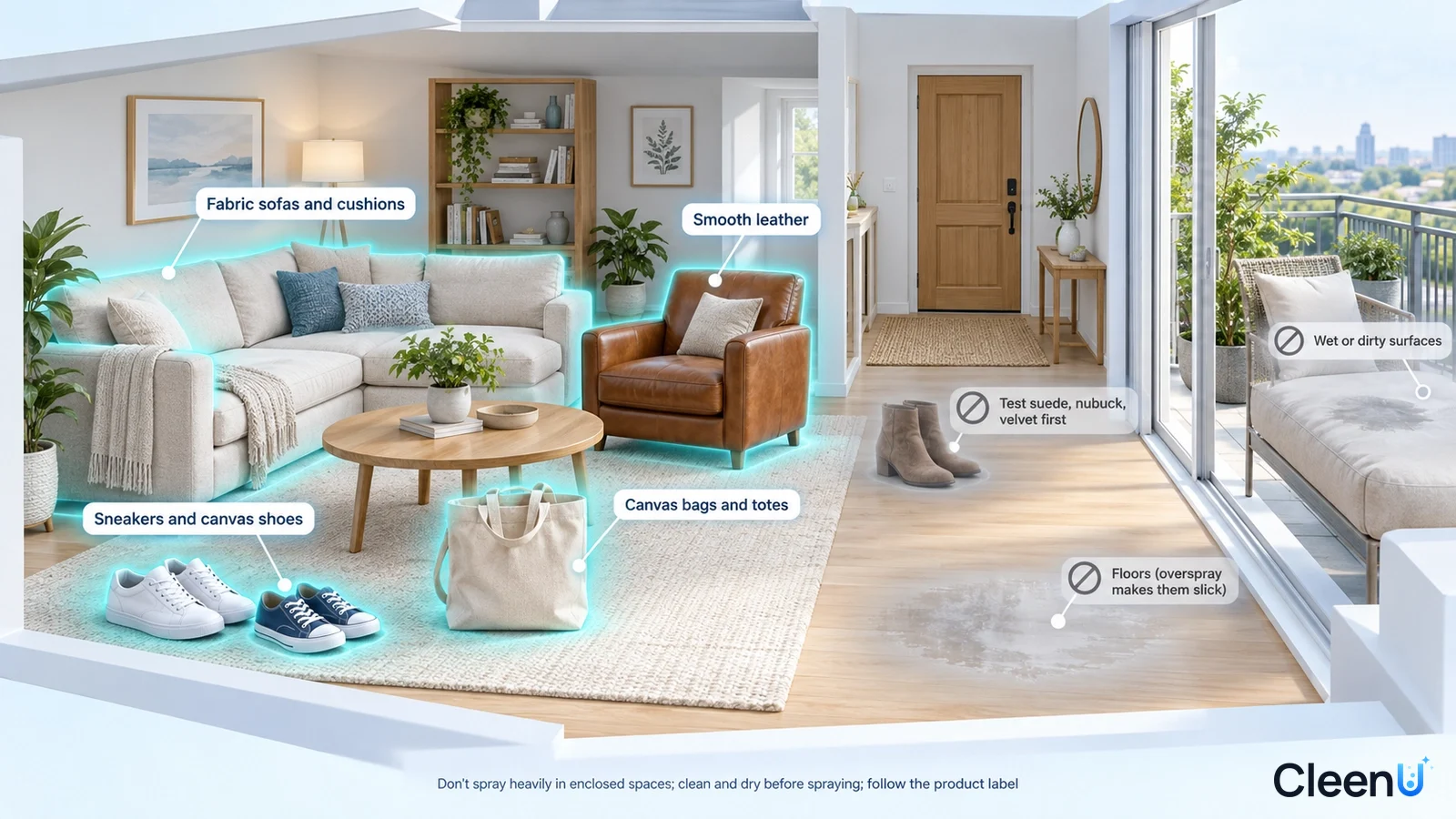 Illustration: Highlighted fabric sofas, cushions, canvas shoes and rugs beside material precaution icons.