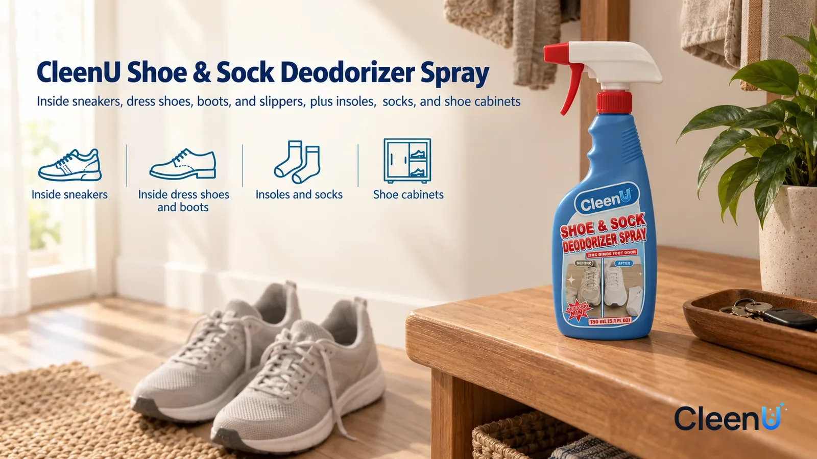 Illustration: CleenU Shoe & Sock Deodorizer Spray — A bright, fresh entryway, morning light coming through a sheer curtain by the window