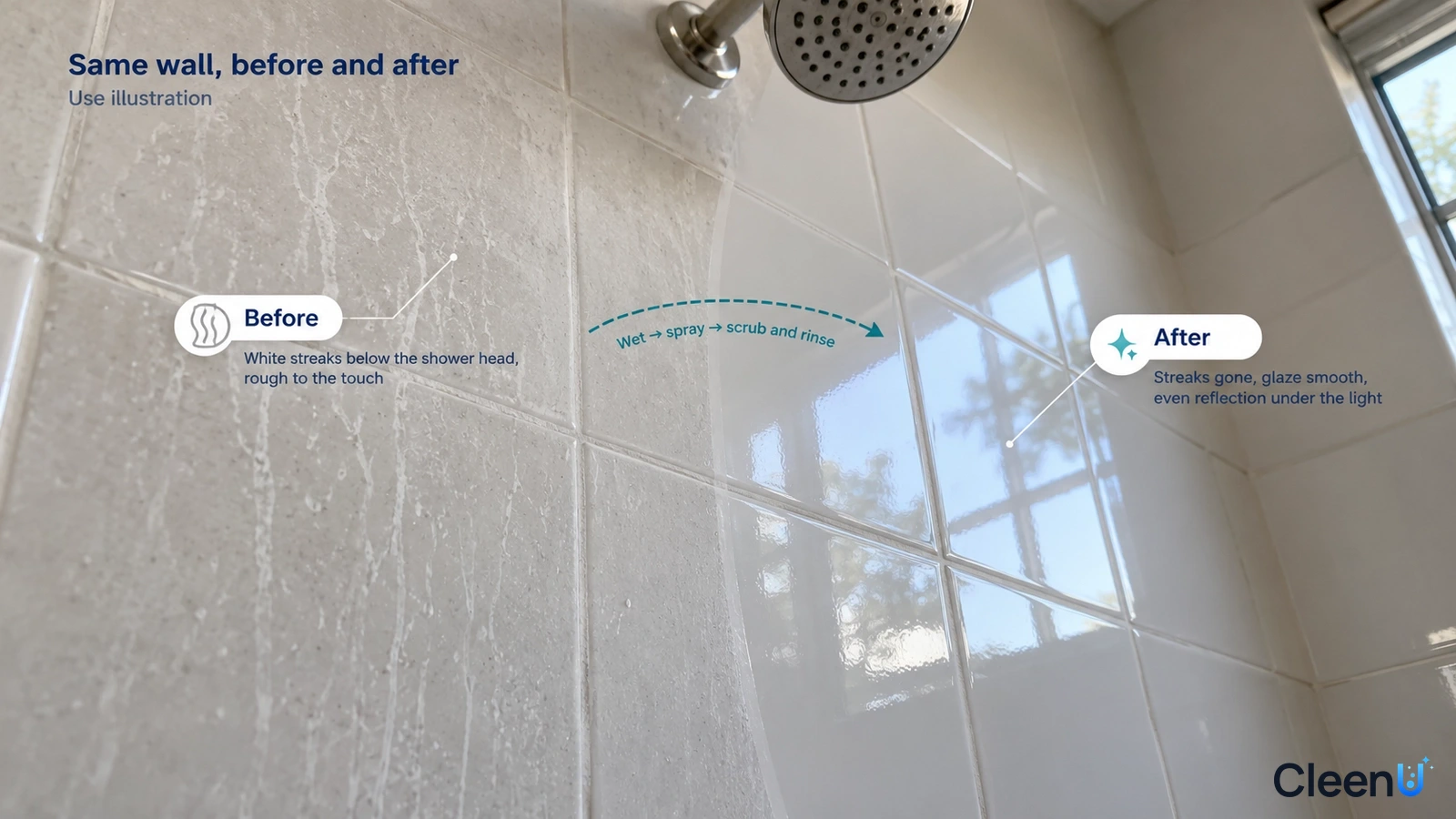 Illustration: Scale-marked and clearer shower wall tiles in an illustrated comparison, not a measured test.