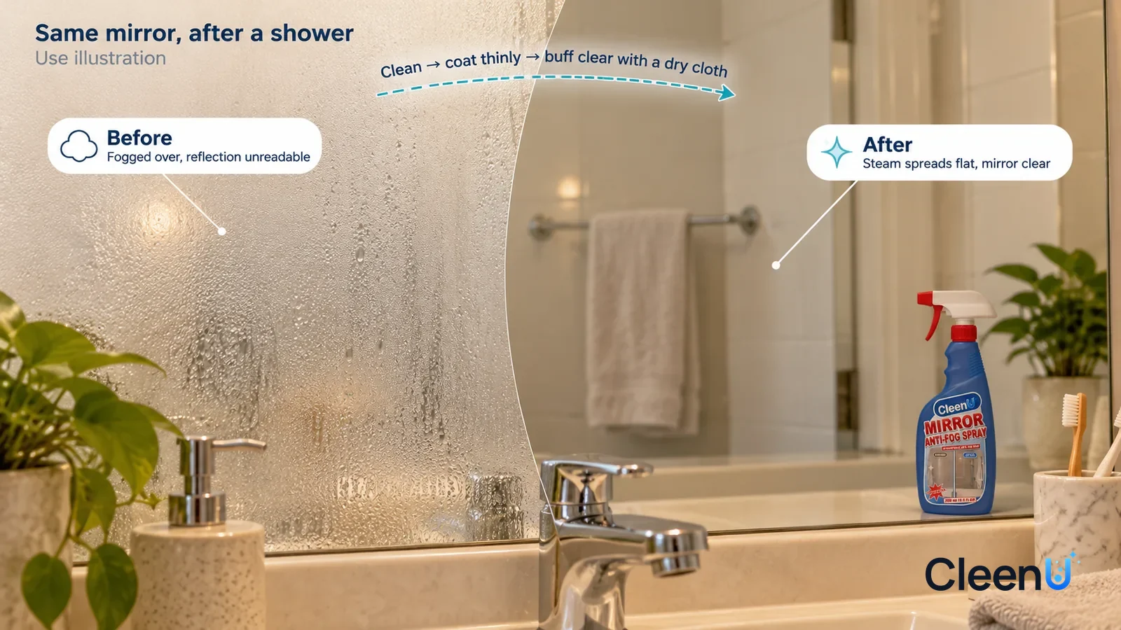 Illustration: CleenU Mirror Anti-Fog Spray — A full-screen eye-level close-up of a bathroom mirror right after a hot shower, under the same ceiling light