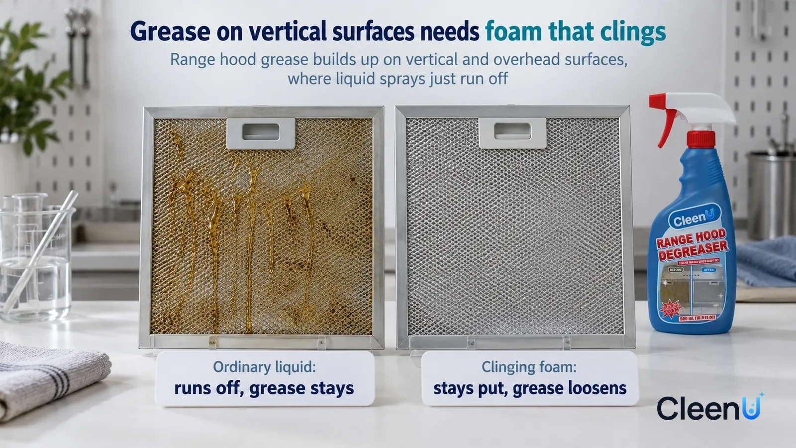 Illustration: CleenU Range Hood Degreaser — A landscape medium close-up of a small experiment in a cleaning lab: two identical metal filter samples standing side by side on a white tes Headline: "Grea