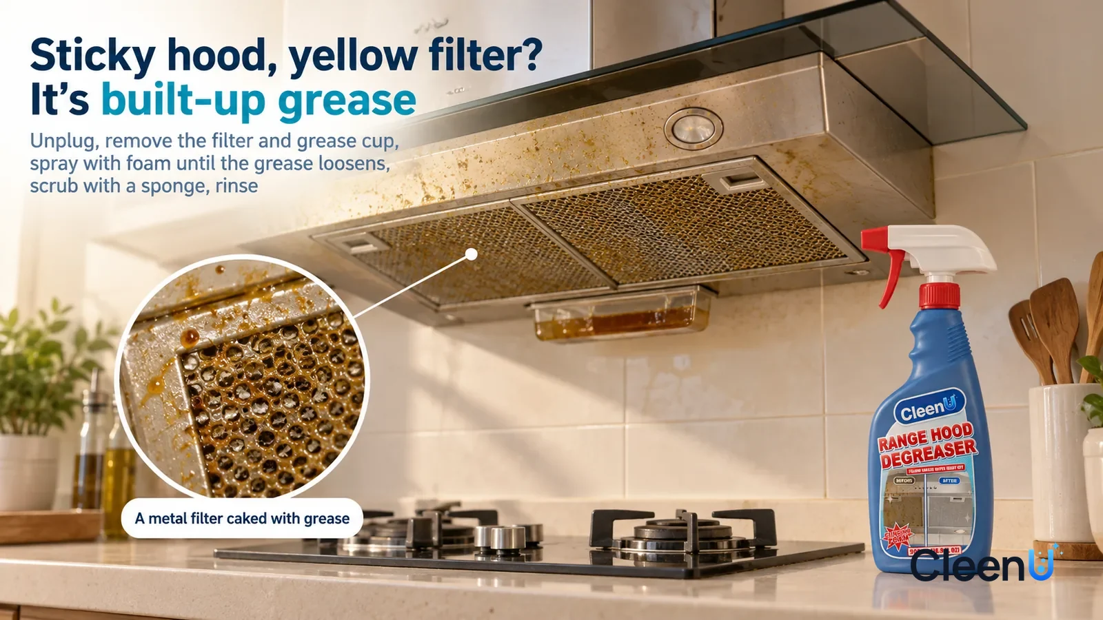 Illustration: CleenU Range Hood Degreaser — An everyday kitchen, a range hood with stainless steel and a tempered-glass panel (no brand marks) above the stove; in raking side light Headline: "Sticky h