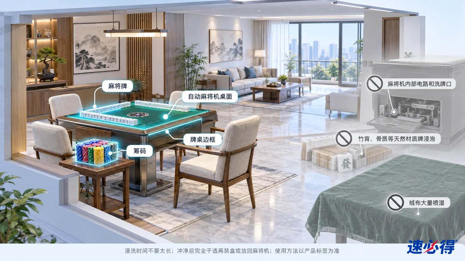 示意图：麻将桌、牌及相关部件被突出显示，旁列设备和材质注意事项。