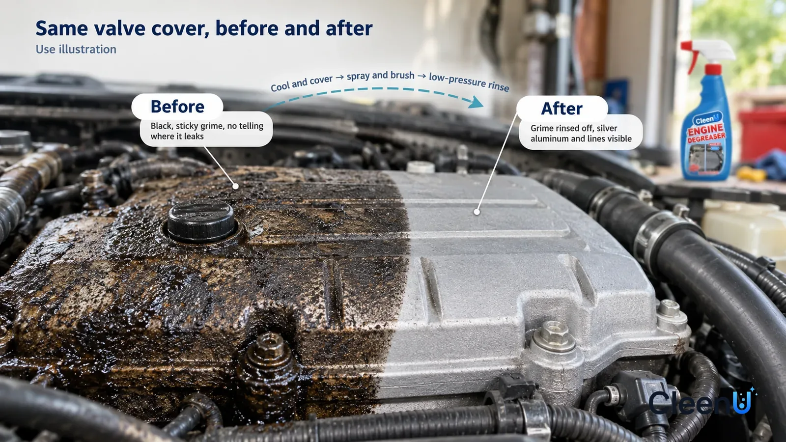 Illustration: CleenU Engine Degreaser — A full-screen low-angle close-up of an engine valve cover and the lines beside it in the same side light, no bottle