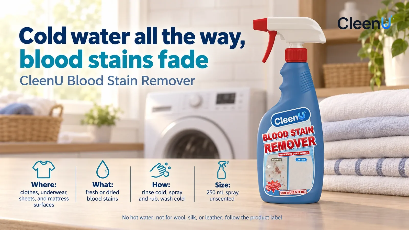 Illustration: CleenU Blood Stain Remover stands in the right third of the frame on the laundry-room shelf Headline: "Cold water all the way, blood stains fade"