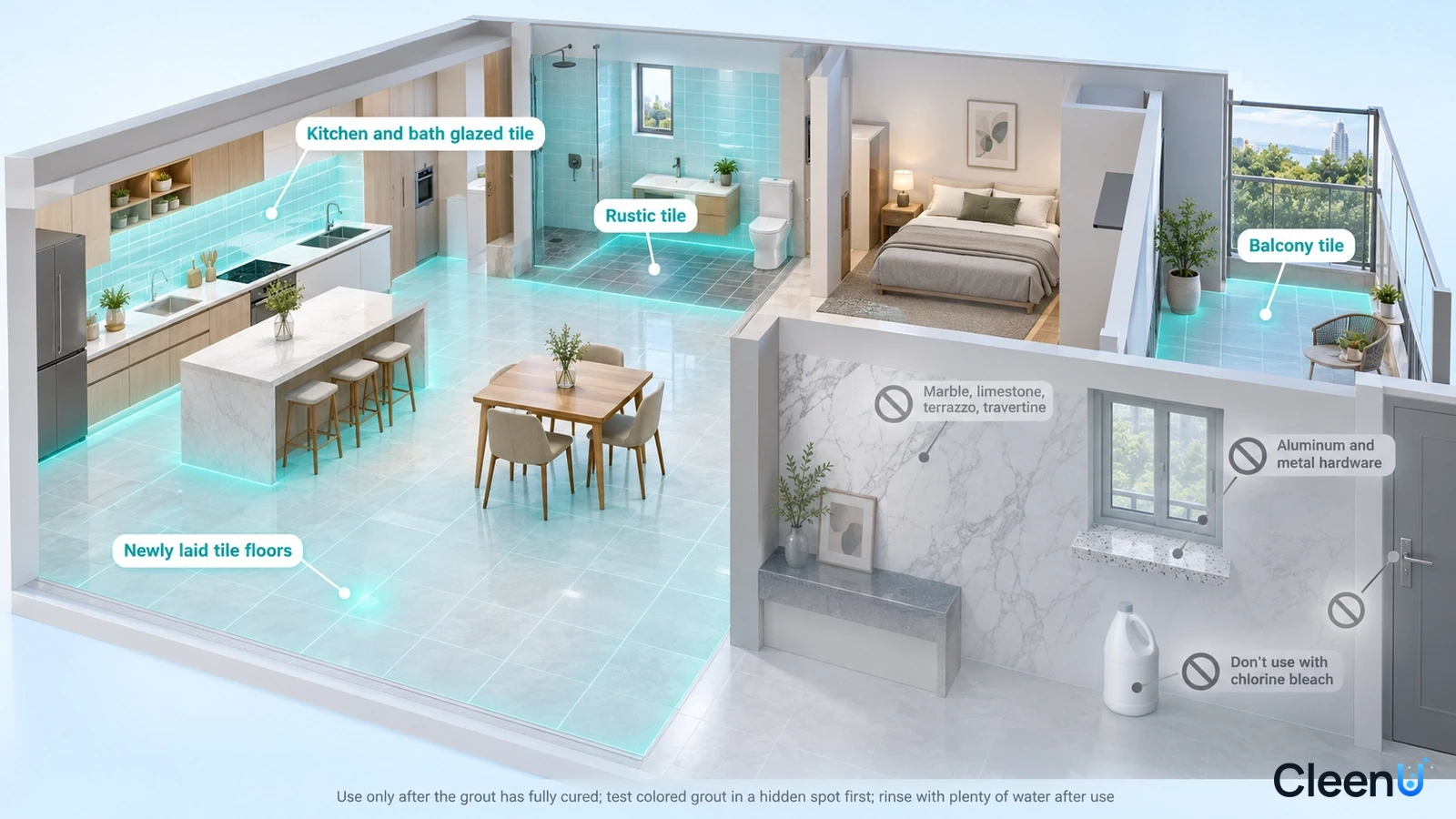 Illustration: Highlighted indoor floor and wall tile areas beside material precaution icons.