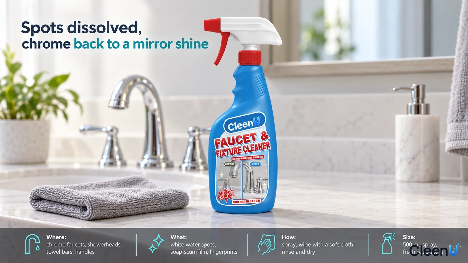 Illustration: A blue cleaner bottle and folded gray cloth beside a chrome faucet.