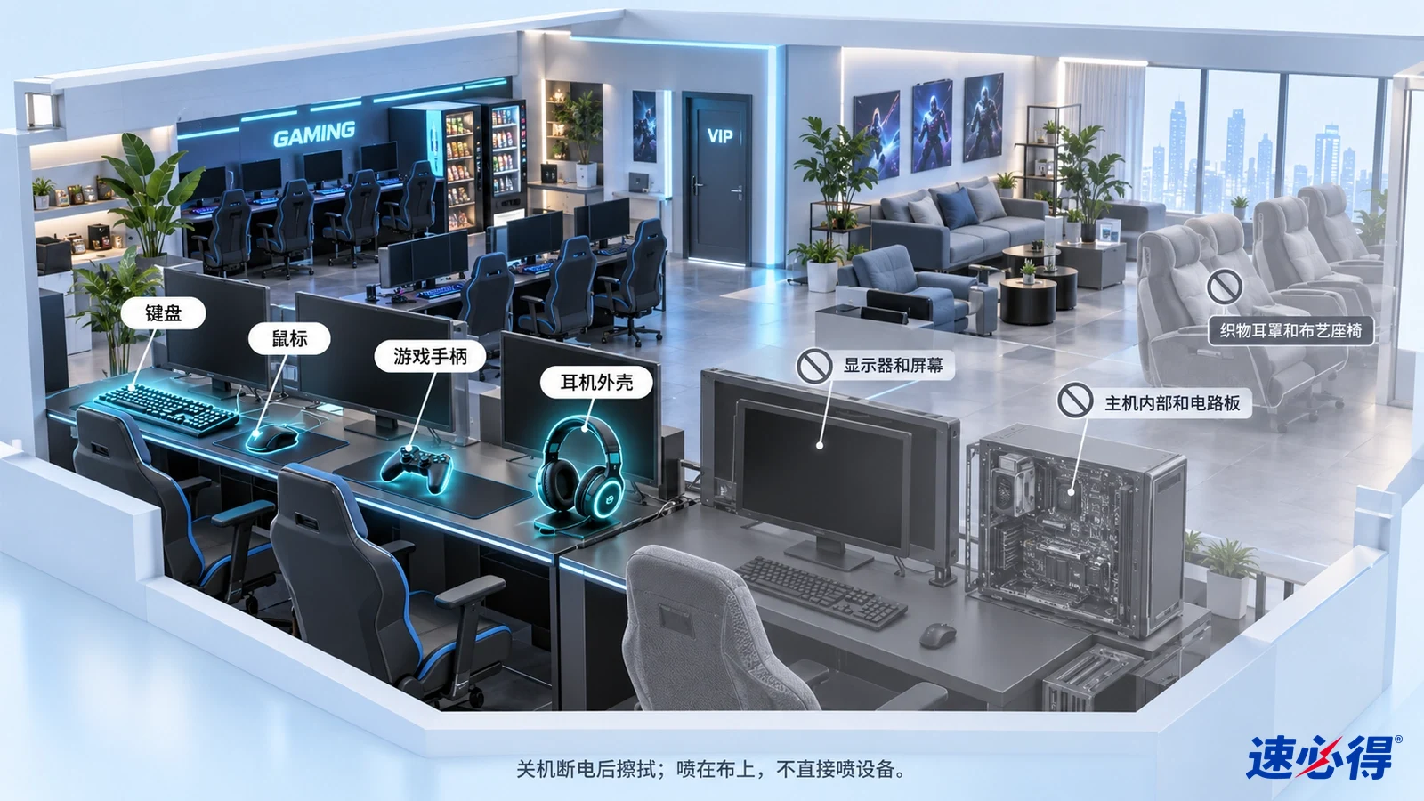 示意图：电竞房的键盘、鼠标和耳机区域被突出显示，旁边列有设备注意事项图标。