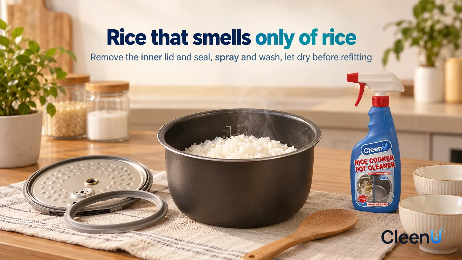 Illustration: CleenU Rice Cooker Pot Cleaner — A warm, bright evening kitchen, a clean nonstick inner pot holding freshly cooked white rice, the grains plump Headline: "Rice that smells only of rice"