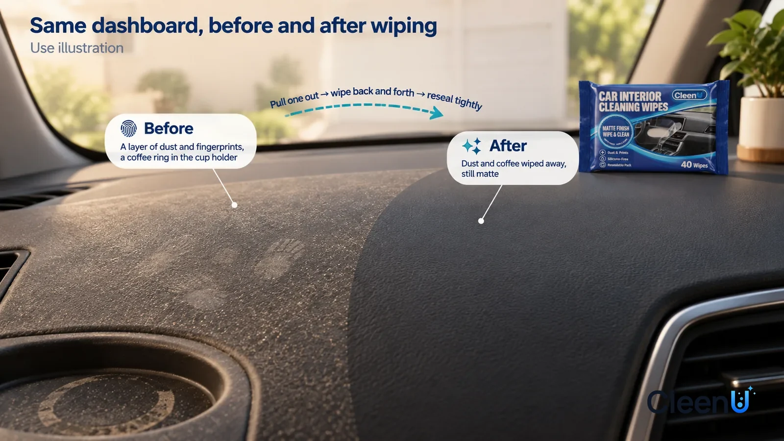 Illustration: CleenU Car Interior Cleaning Wipes — A full-screen low-angle close-up of the textured surface of a dark dashboard