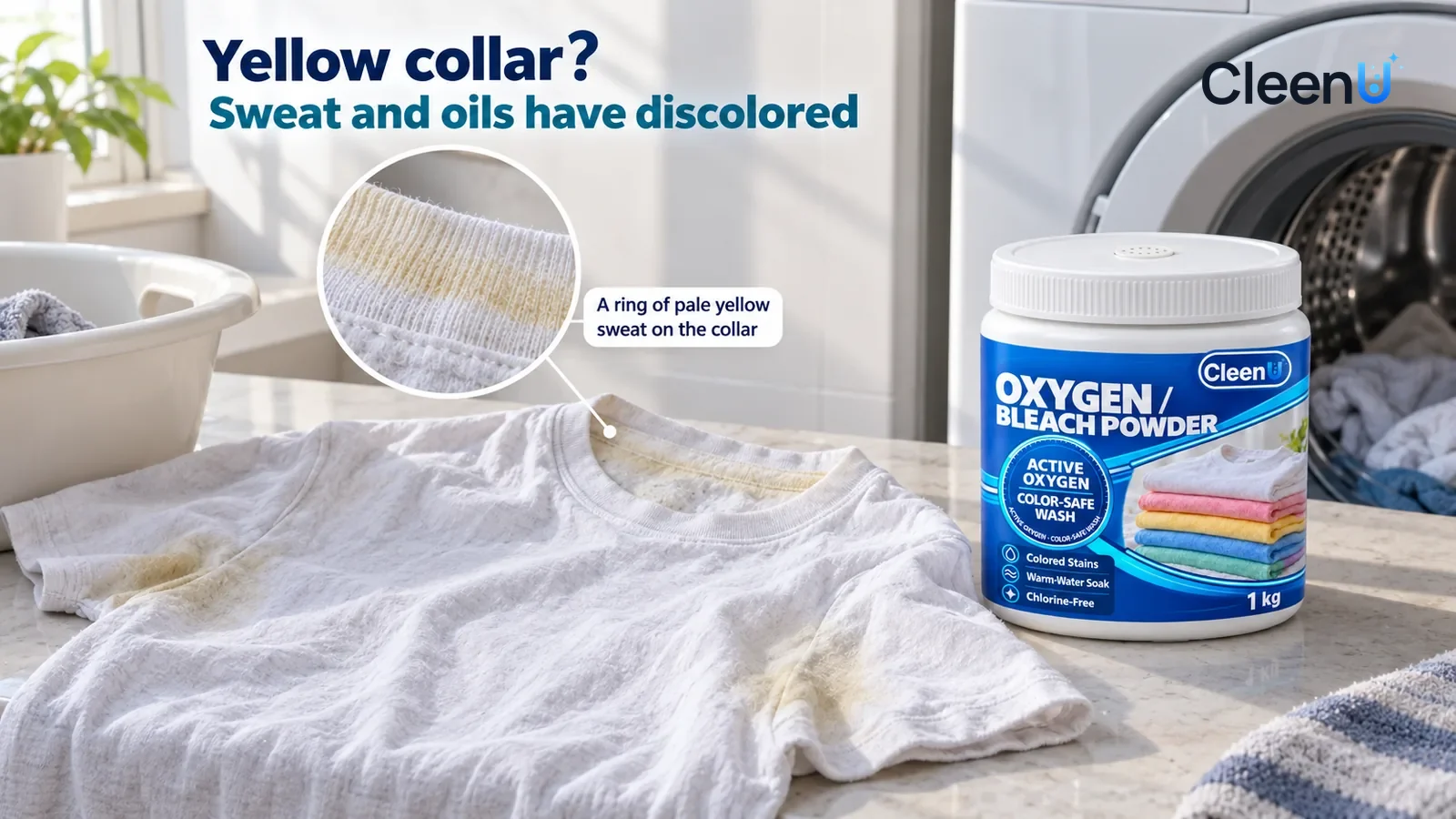 Illustration: CleenU Oxygen Bleach Powder — An everyday laundry corner, a white cotton T-shirt spread on the counter beside a front-load washer; in side light from the window the pale