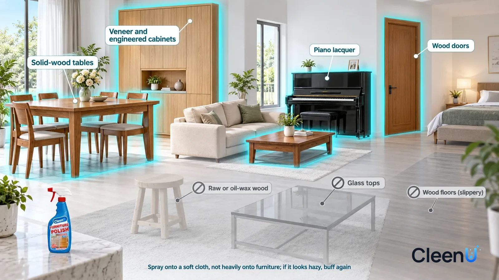 Illustration: CleenU Furniture Polish — A realistic 3D cutaway of a bright home's dining room, living room, and bedroom, one continuous space from one viewpoint