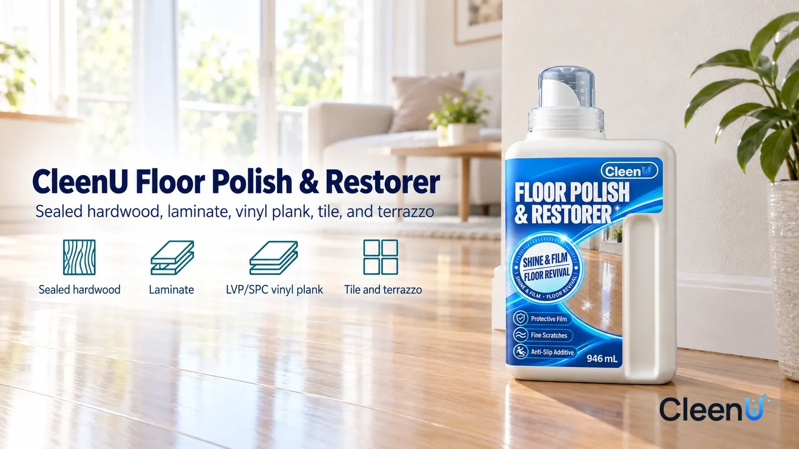 Illustration: CleenU Floor Polish & Restorer — A bright, clean living room, the laminate floor with a soft, even sheen, window light making a soft reflection on the floor