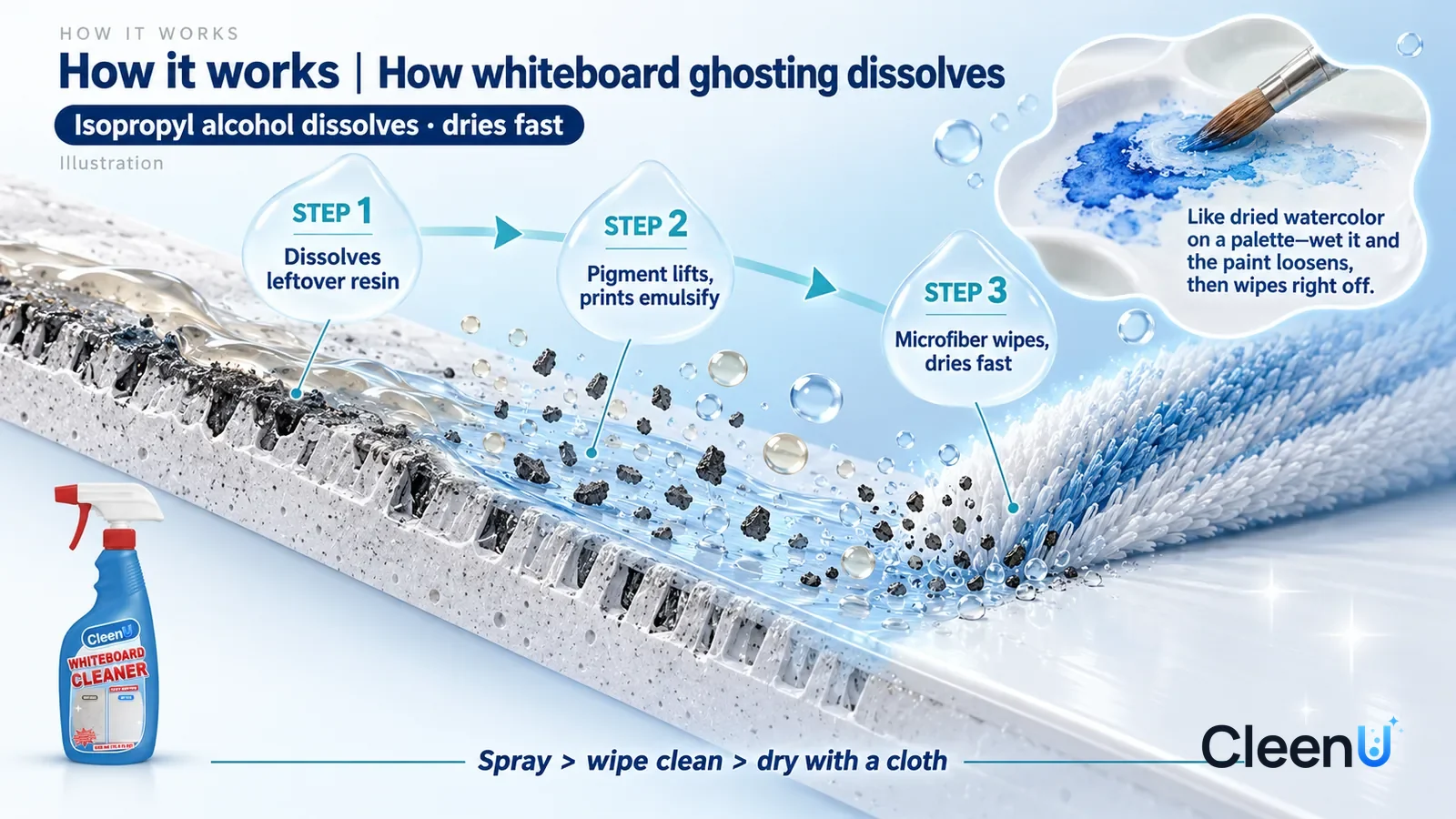 Illustration: CleenU Whiteboard Cleaner — an enormously magnified cross-section of a porcelain whiteboard surface runs diagonally from upper left to lower right; on the left