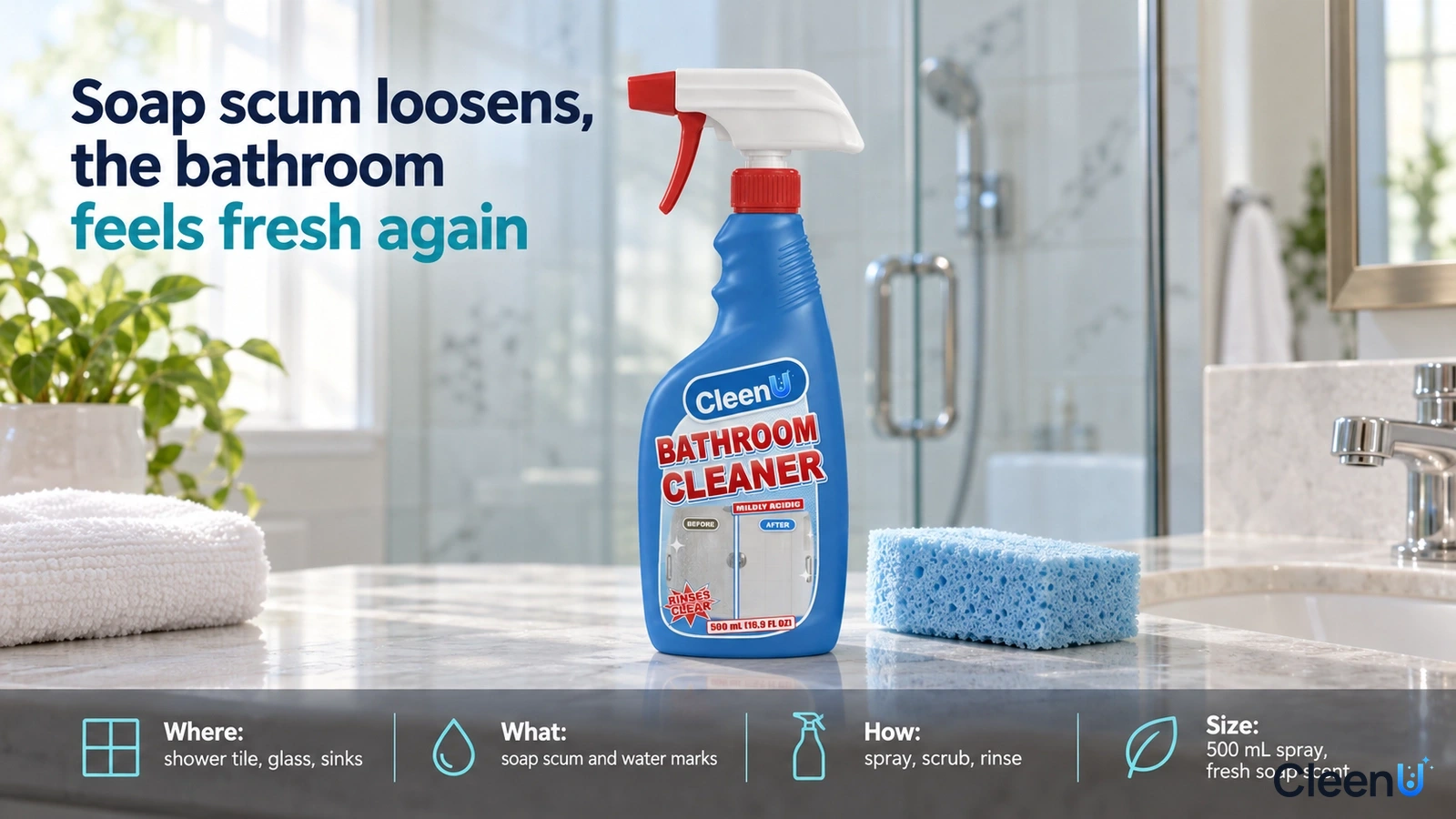 Illustrated bathroom cleaner bottle, blue sponge and white towel on a bathroom counter.