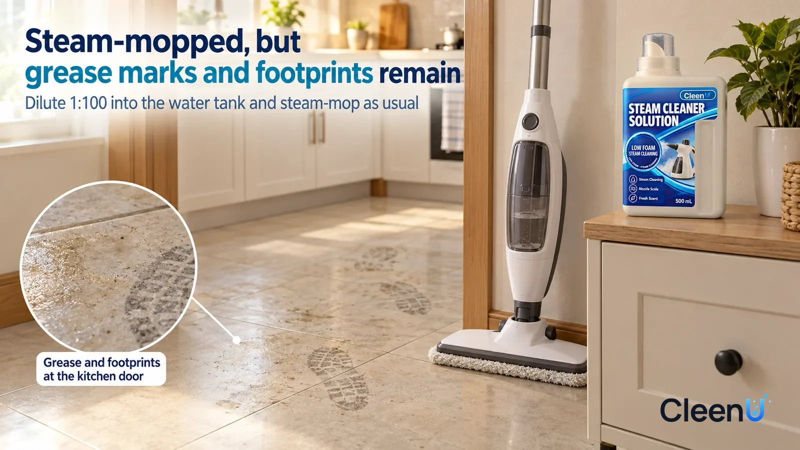Illustration: CleenU Steam Cleaner Solution — An everyday kitchen doorway; in side light, a faint patch of grease marks and a trail of greyish footprints show on the light-colored tile f Headline: "St