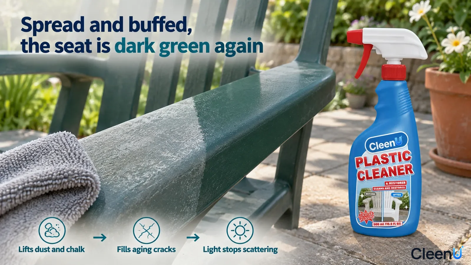 Illustration: Gray-white and darker areas of a green plastic chair arm beside a gray cloth.
