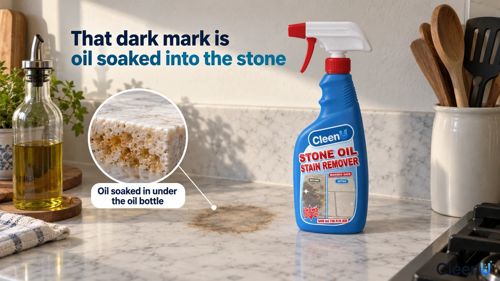 Illustration: A brown oil mark on a light stone counter beside a cooking-oil bottle and blue cleaner bottle.