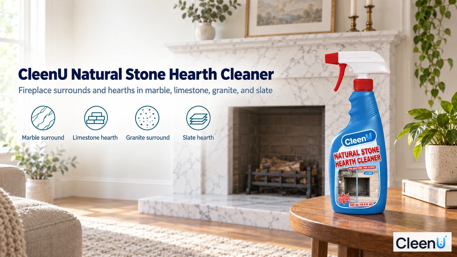 Illustration: A blue cleaner bottle in front of a light stone fireplace beside use icons.