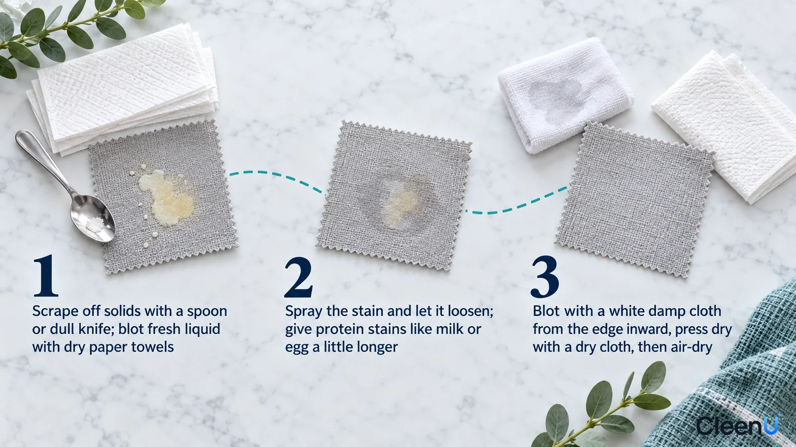 Illustration: Fabric samples, yellow food stains, a spoon and cleaning cloths with numbered steps.