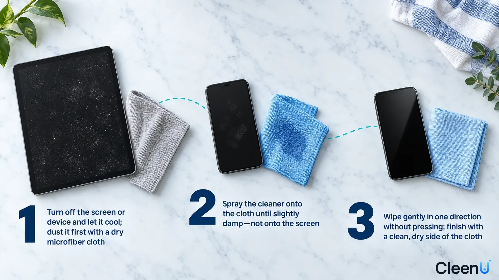 Illustration: A tablet, phone, spray bottle and cleaning cloths with numbered steps.