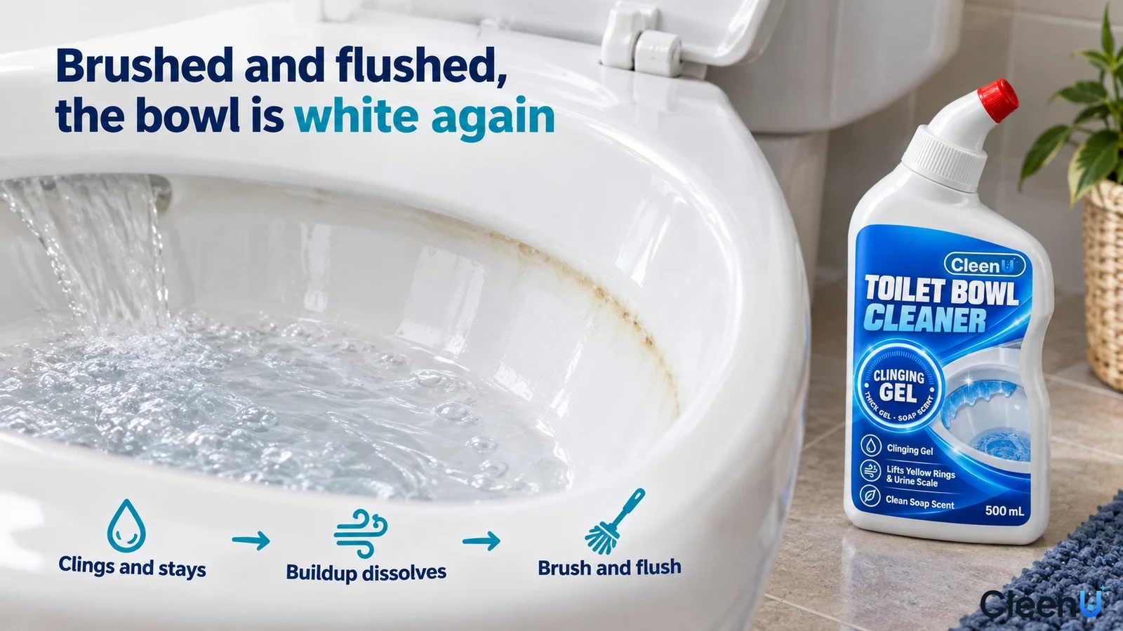 Illustration: Flushing water and pale yellow waterline marks in a white toilet bowl beside an angled-neck bottle.
