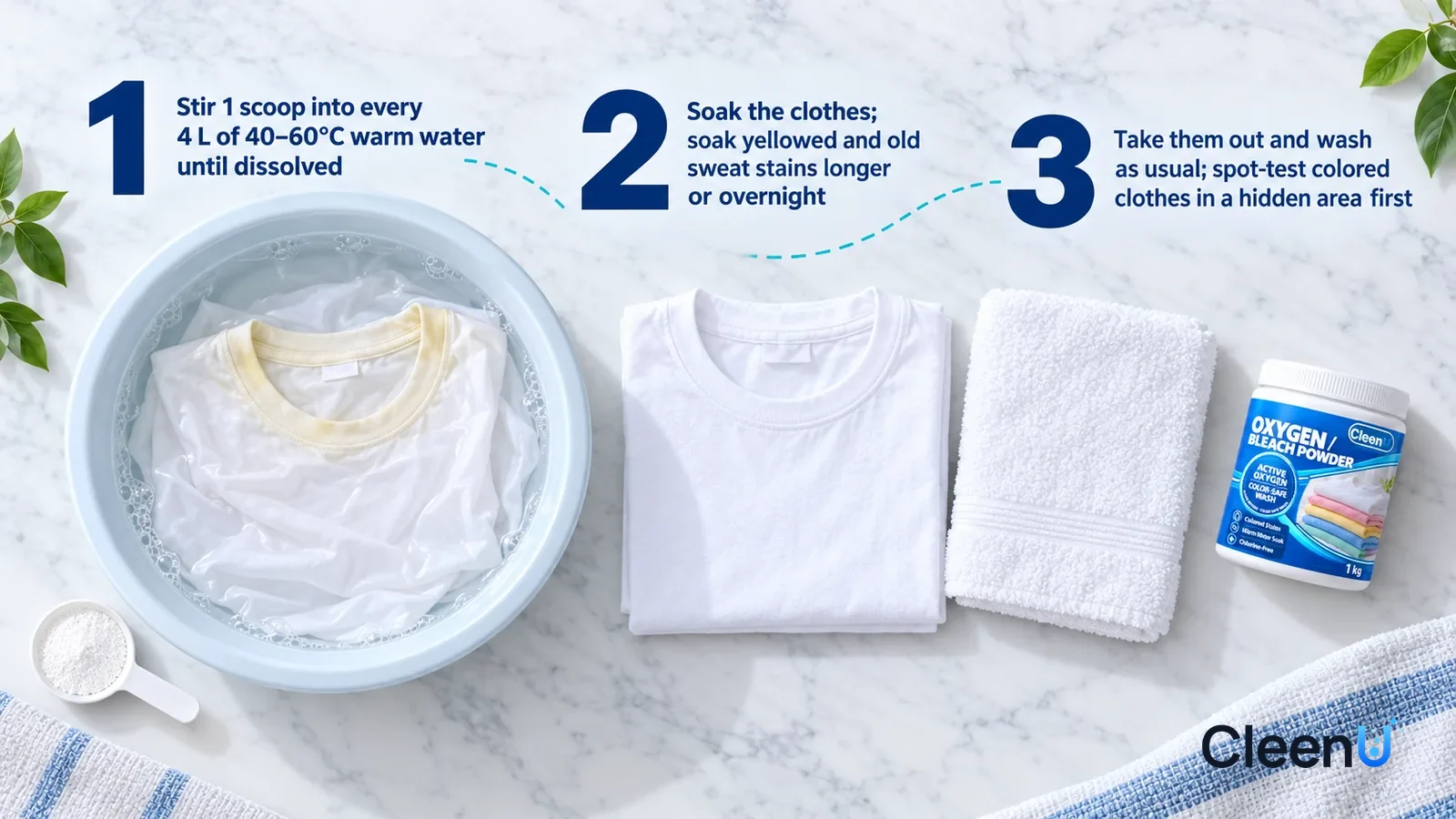 Illustration: CleenU Oxygen Bleach Powder — an overhead shot straight down onto a light marble tabletop, no bottle and no hands: (1) a light-colored laundry basin of warm water