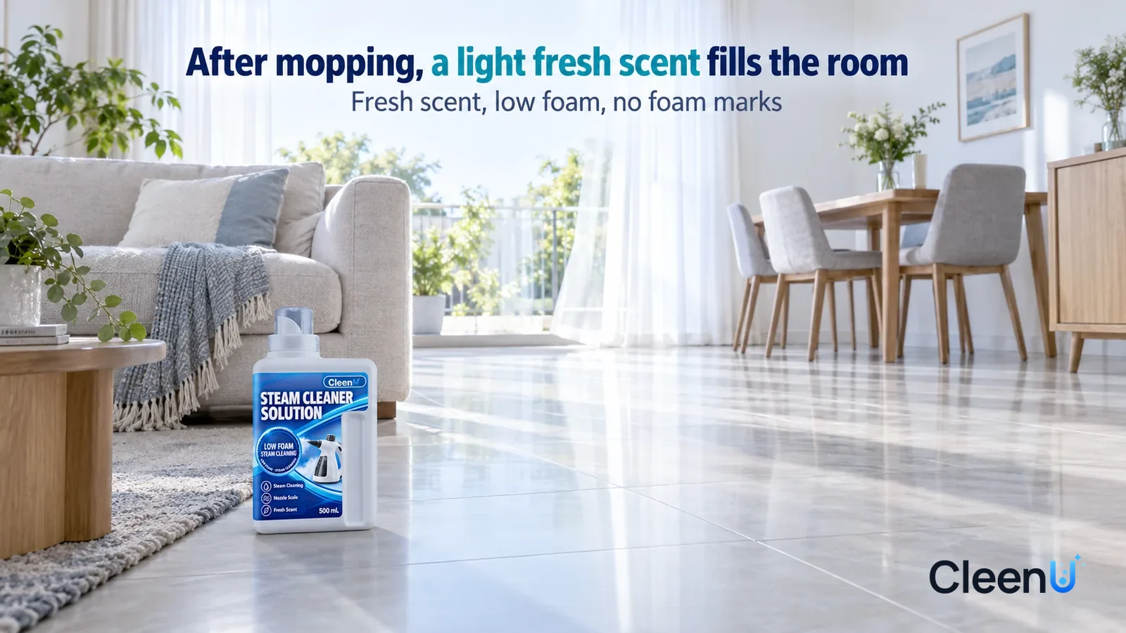 Illustration: CleenU Steam Cleaner Solution — A bright early-morning living and dining room, the just-mopped light-colored tile floor fresh and smooth Headline: "After mopping, a light fresh scent fil