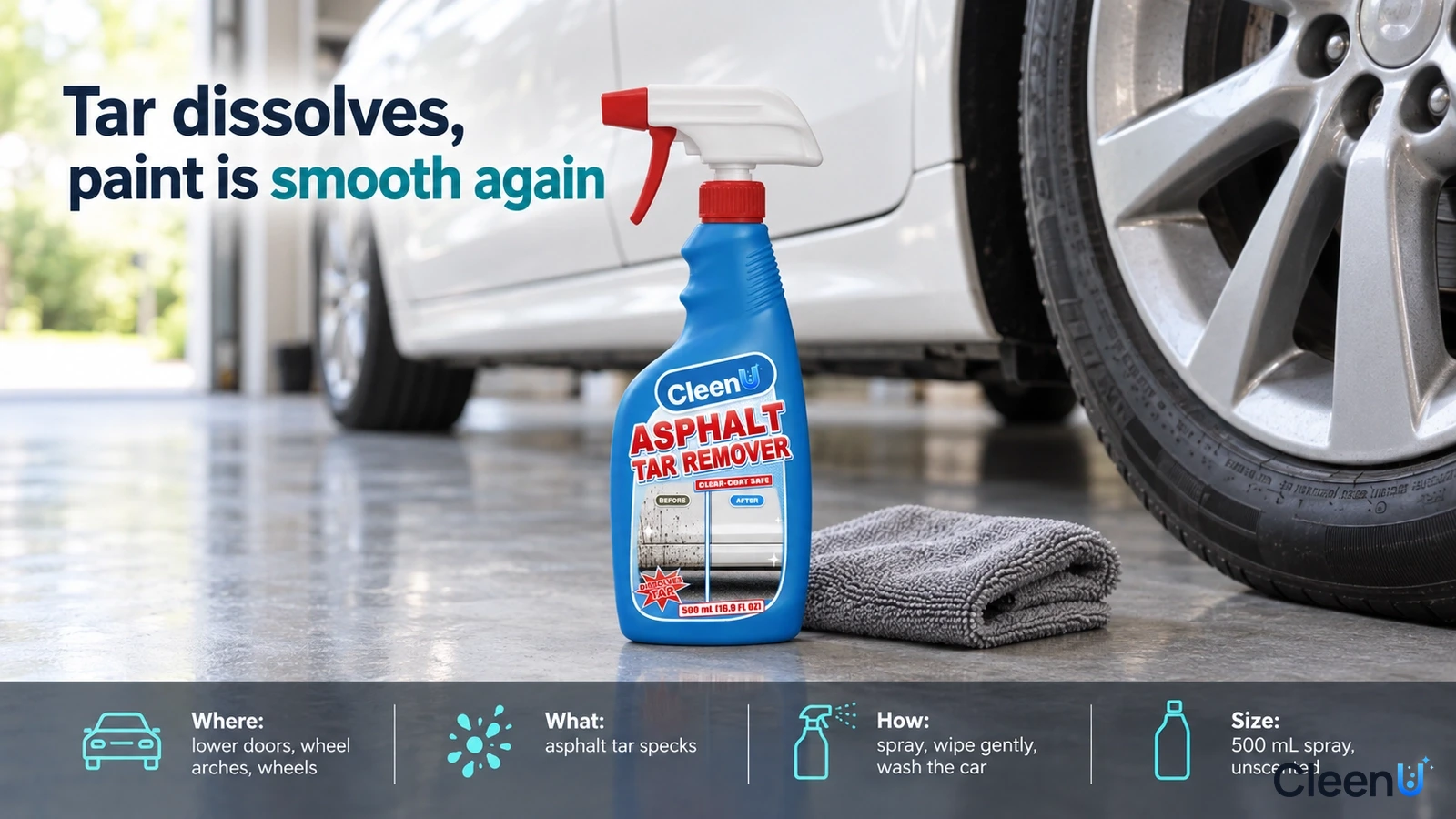 Illustrated tar remover bottle and gray cloth beside the wheel of a white car.