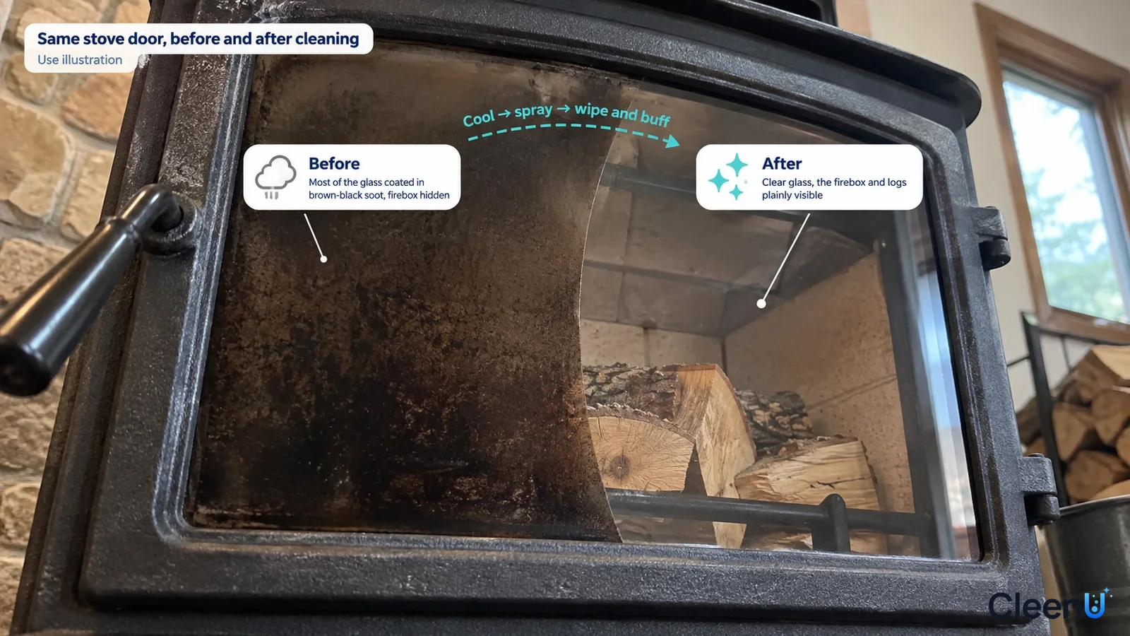Illustration: Tar and soot beside a clearer stove glass area; not a measured cleaning test.