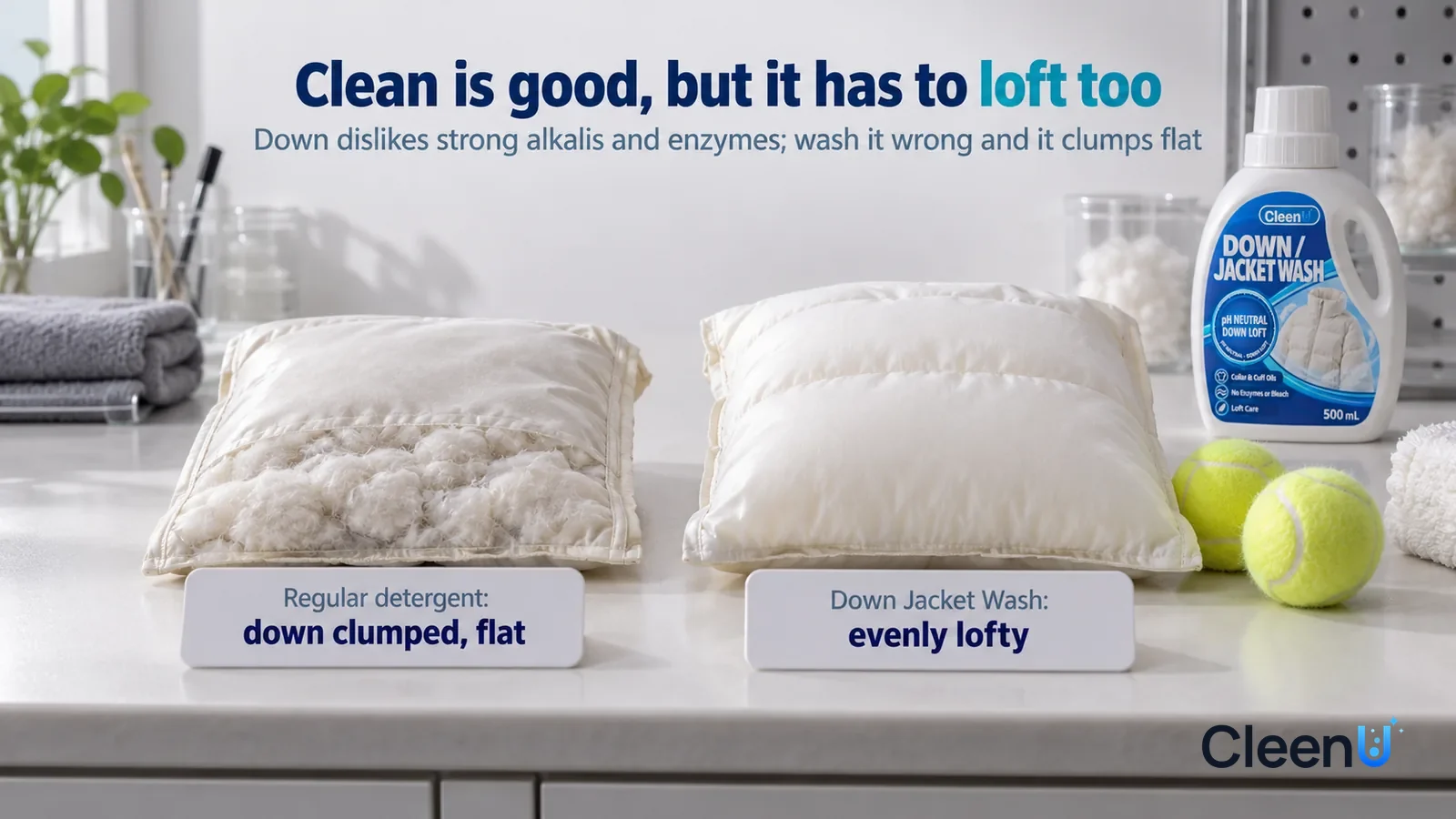 Illustration: CleenU Down Jacket Wash — A landscape medium close-up of a small experiment in a cleaning lab: two identical light-colored down sample pouches side by side on a white Headline: "Clean is