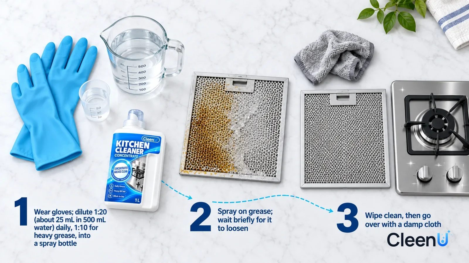 Illustration: CleenU Kitchen Cleaner Concentrate — an overhead shot straight down onto a light marble tabletop, no hands: (1) a pair of rubber gloves