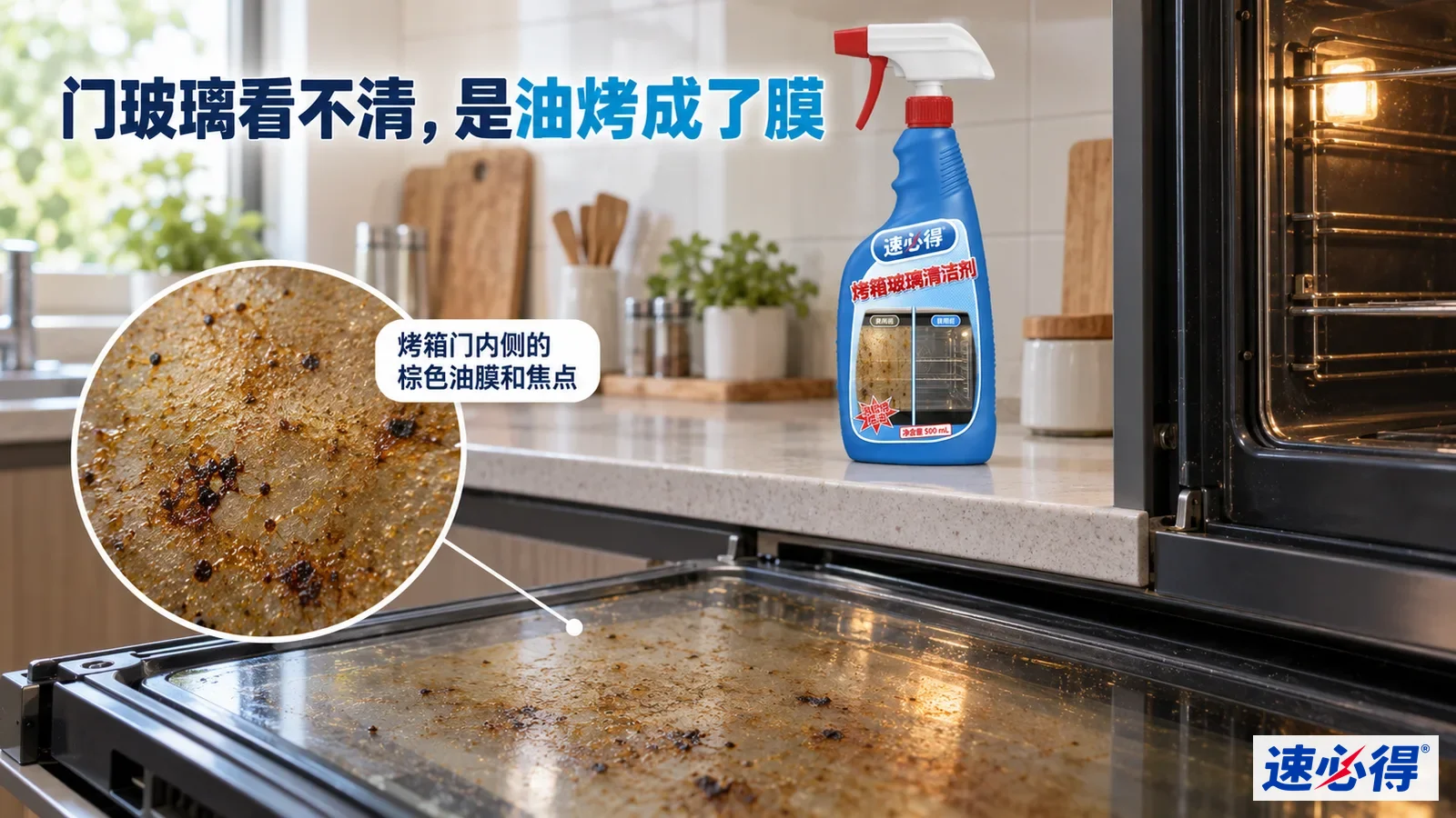 示意图：打开的烤箱门玻璃上的棕色油膜和蓝色喷瓶。