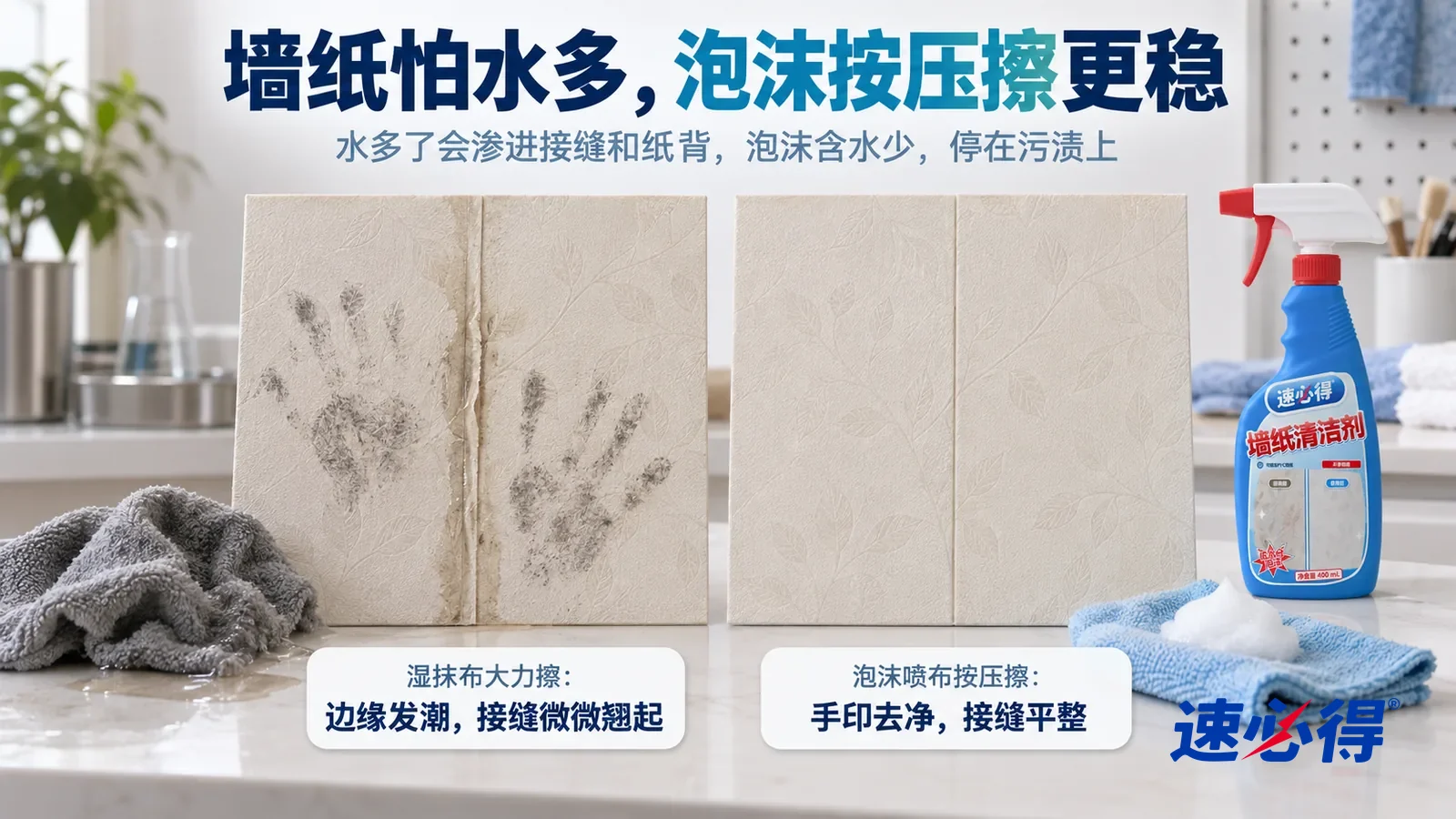 示意图：速必得墙纸清洁剂——白色测试台上并排立着两块同样的浅米色压纹 PVC 墙纸样板，中间都有一条接缝，都带着一样的黑色手印，标题“墙纸怕水多，泡沫按压擦更稳”
