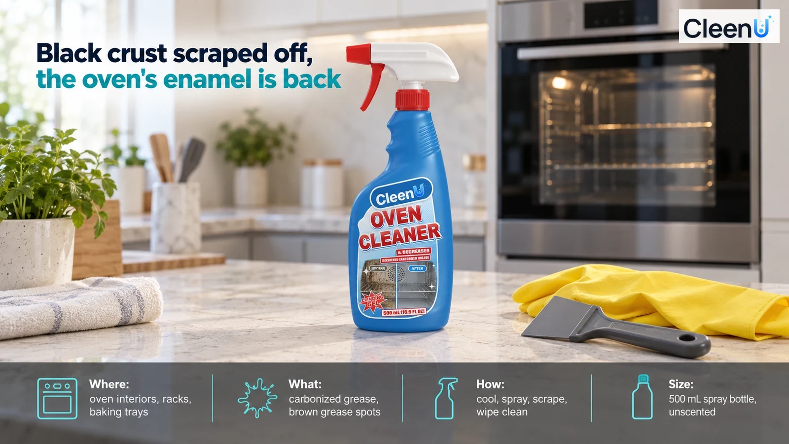 Illustration: A blue cleaner bottle, protective gloves and scraper on a kitchen counter in front of an oven.