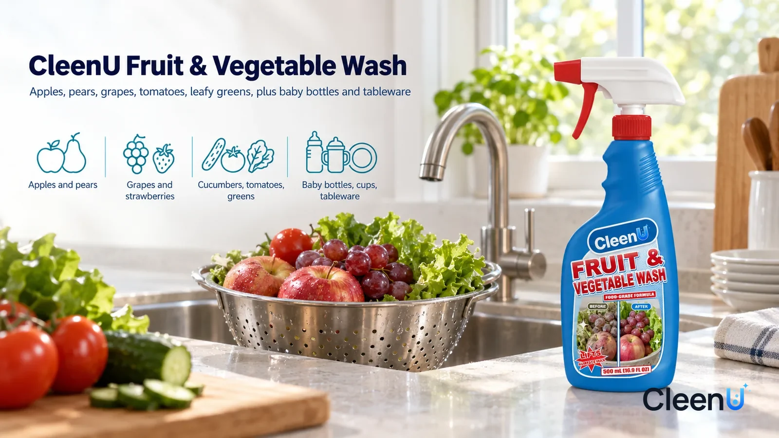 Illustration: CleenU Fruit & Vegetable Wash — A bright, clean kitchen, a stainless-steel colander by the sink holding rinsed apples, grapes, and lettuce in bright colors