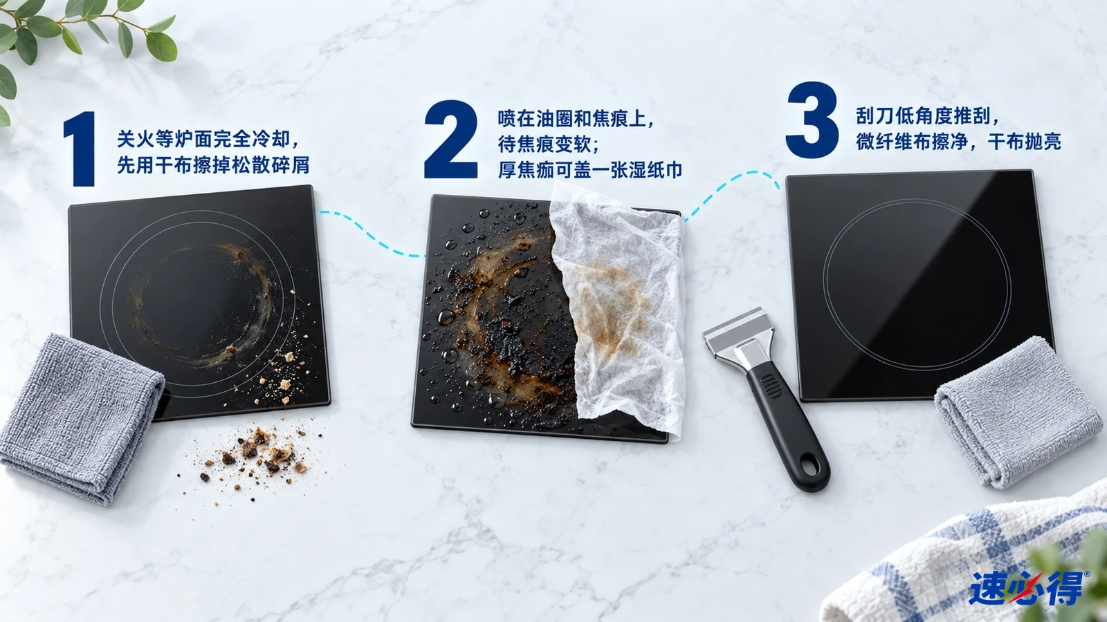 示意图:黑色灶面样片、灰色布、带污垢的白色布和金属刮刀,配有编号步骤。