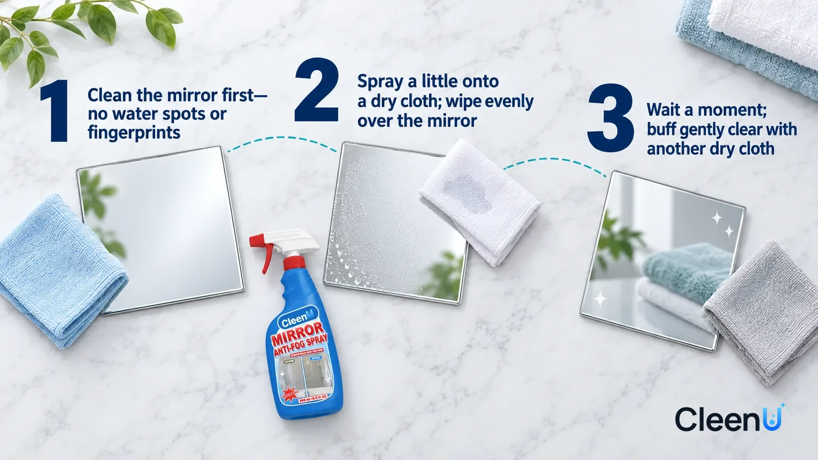 Illustration: CleenU Mirror Anti-Fog Spray — an overhead shot straight down onto a light marble tabletop, no hands: (1) a small square mirror lying flat, just wiped clean
