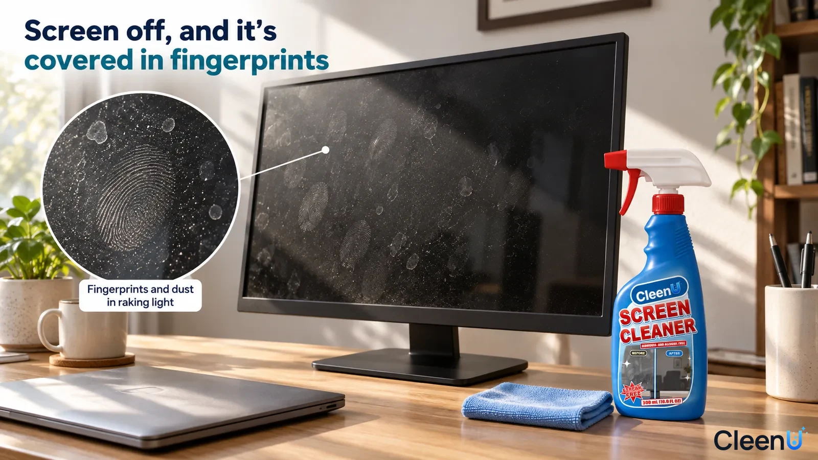 CleenU Screen Cleaner and a cleaning cloth beside a switched-off monitor with fingerprints and dust. AI-generated illustration.