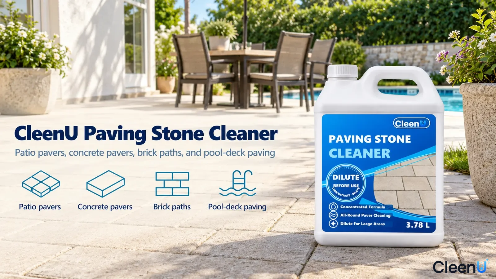 Illustration: A white cleaner jug on patio paving with use icons.