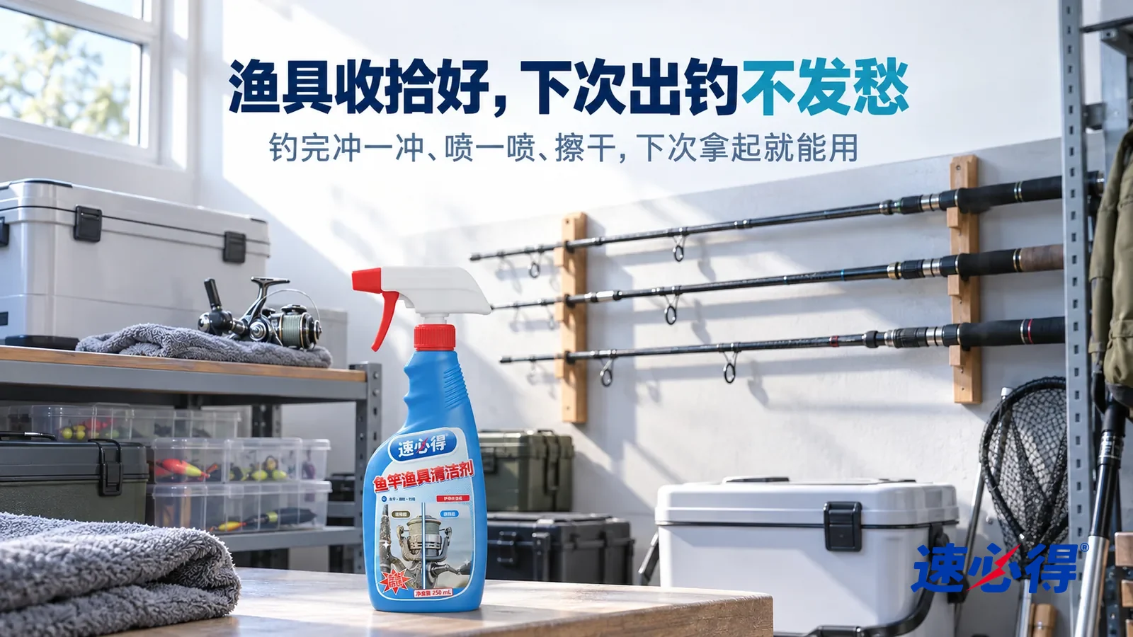 示意图：速必得鱼竿渔具清洁剂——清晨明亮的家用车库，工具墙上整齐挂着几根干净的碳素鱼竿，下面的架子上一只干净的纺车轮和一只钓箱（都无品牌标志），柔和晨光从高窗斜照进来，标题“渔具收拾好，下次出钓不发愁”