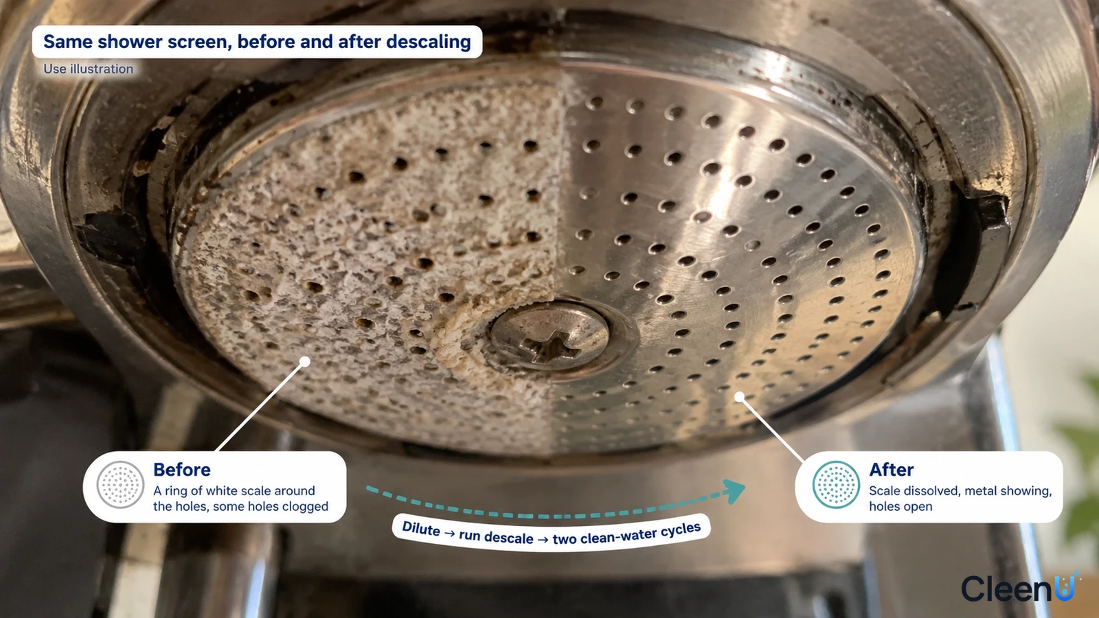 Illustration: Scale-marked and clearer areas on a metal shower screen; not a measured cleaning test.