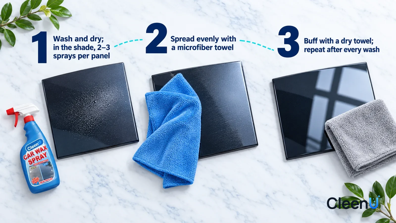 Illustration: CleenU Car Wax Spray — an overhead shot straight down onto a light marble tabletop, no bottle and no hands: (1) a washed and dried dark car paint panel with a smal