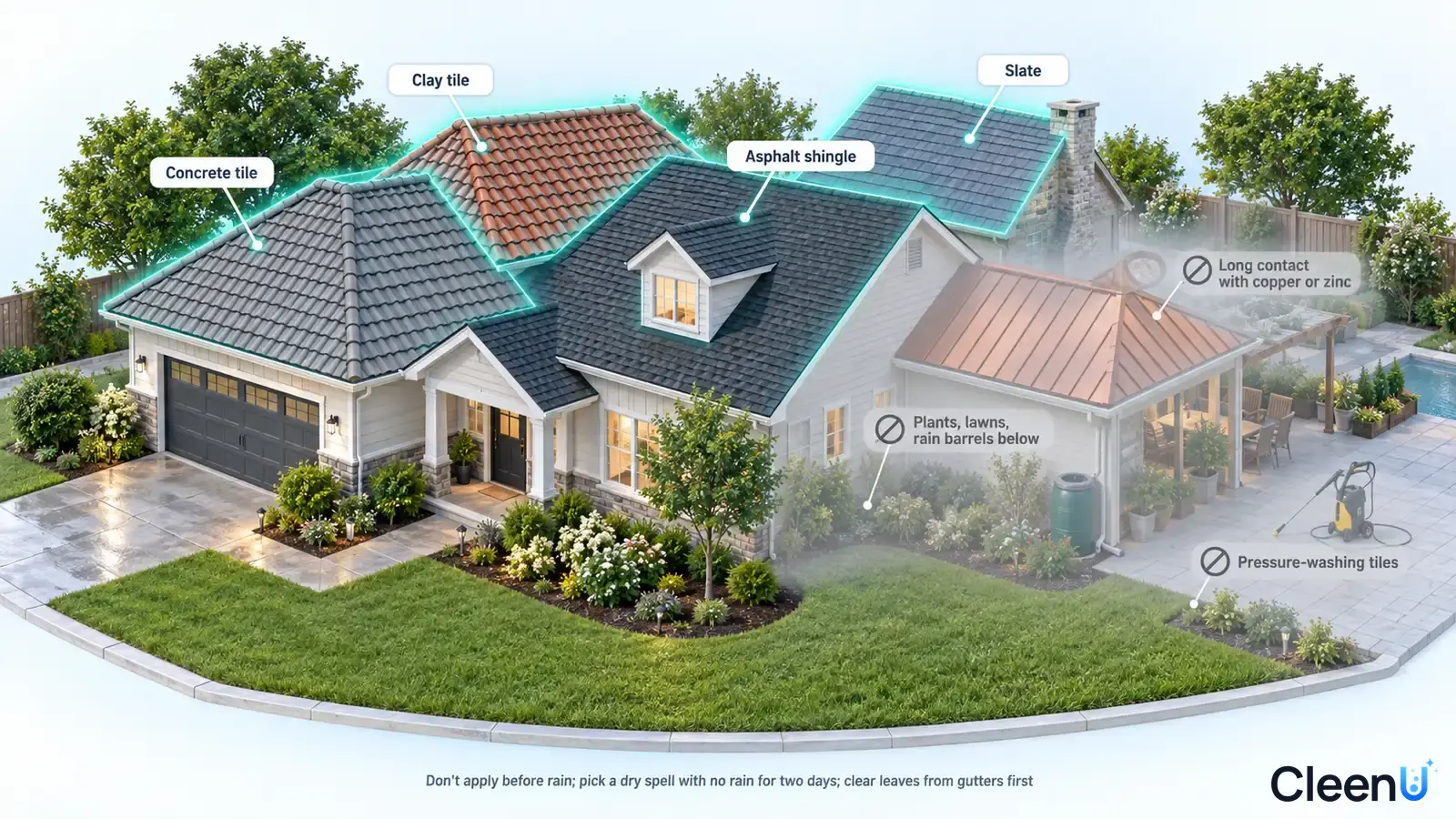 Illustration: Highlighted house roof areas beside roofing-material and equipment precautions.