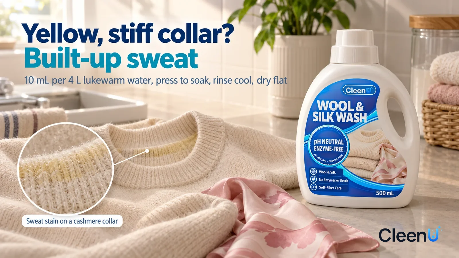 Illustration: CleenU Wool & Silk Wash — A laundry nook at home, afternoon side light slanting through the window onto the laundry counter; a cream cashmere sweater lies flat on the Headline: "Yellow,