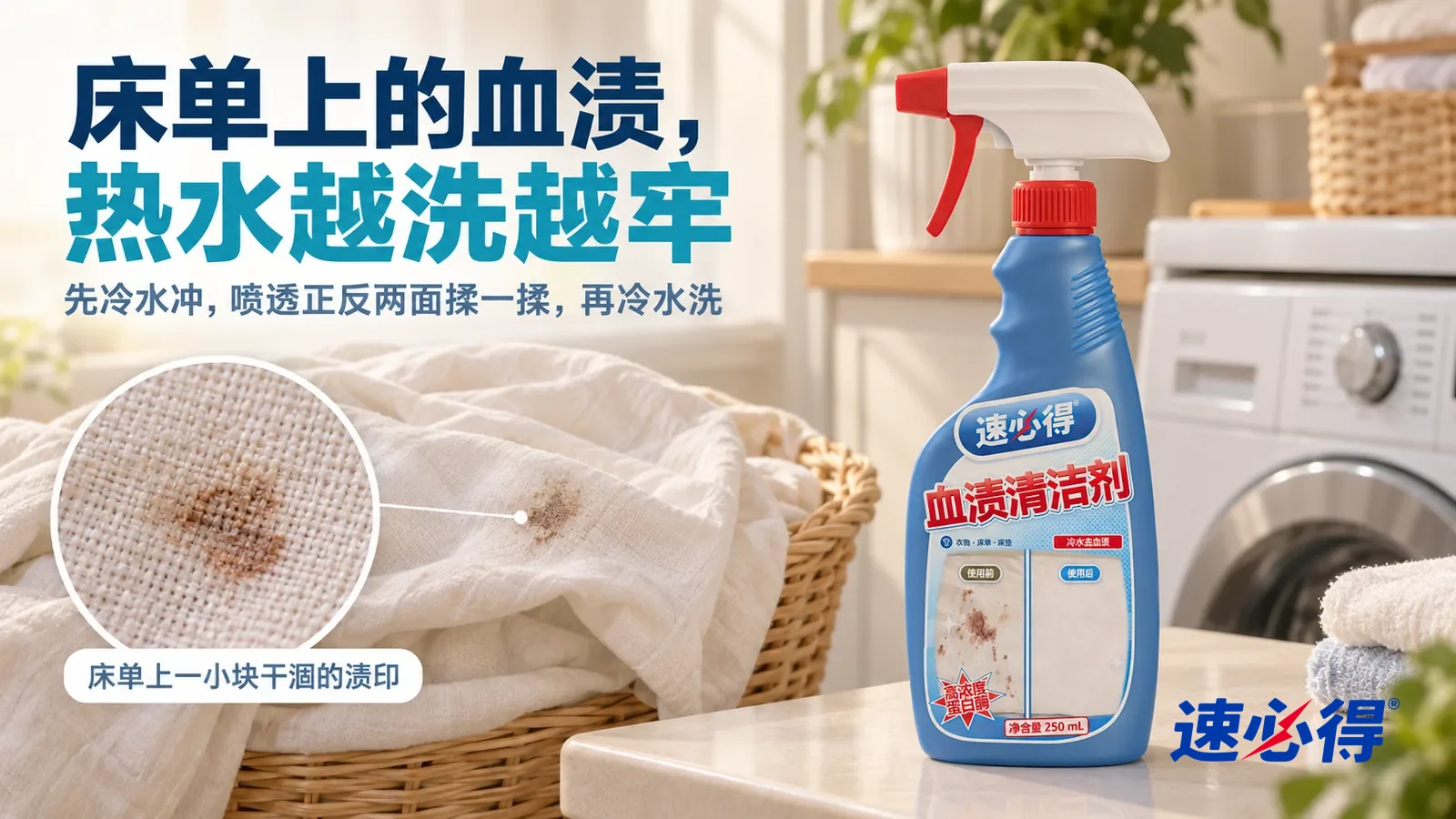 示意图：速必得血渍清洁剂——一个明亮的家用洗衣角，洗衣篮里叠着一条换下的浅色纯棉床单，翻出的一角上一小块硬币大小、干涸的淡褐色渍印在侧光下清楚可见，标题“床单上的血渍，热水越洗越牢”