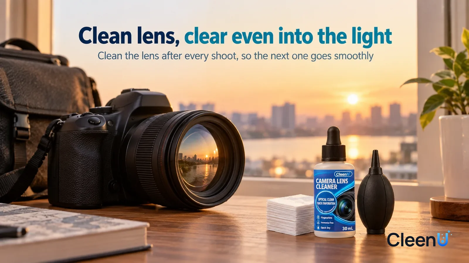 Illustration: CleenU Camera Lens Cleaner — By a window in the evening, a camera with its lens attached (no brand marks, no text) on a wooden table Headline: "Clean lens, clear even into the light"